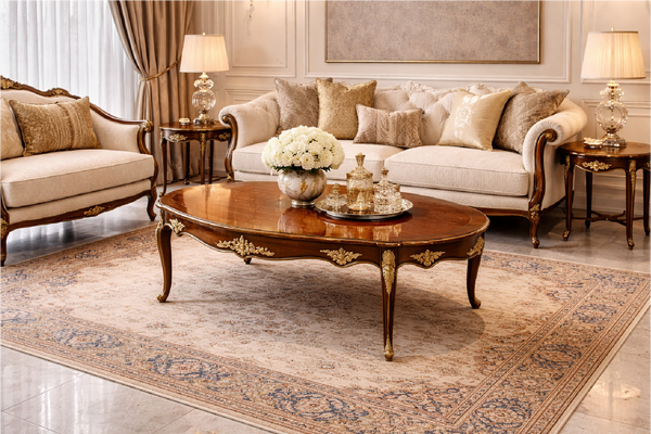 Luxurious living room with beige sofas, a wooden coffee table, and decorative items.