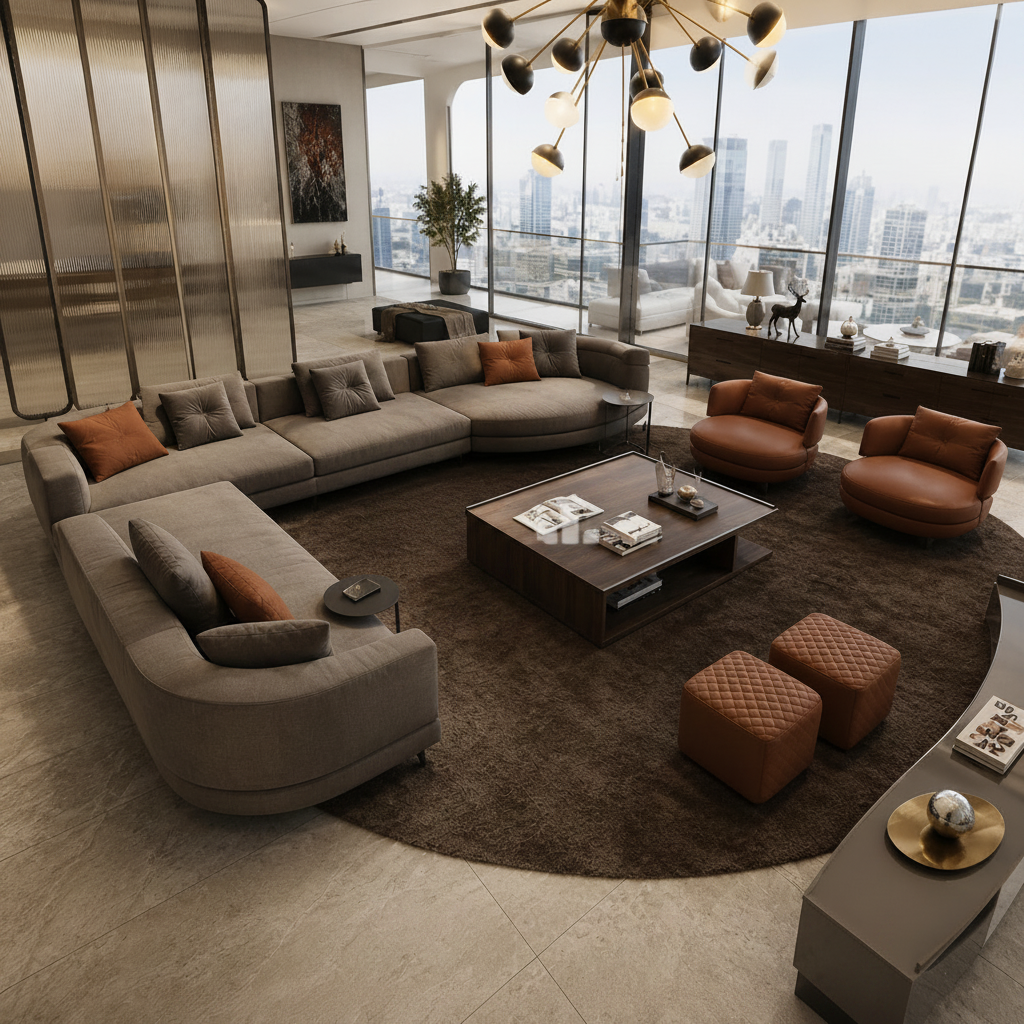 Modern living room with a large sectional sofa, coffee table, and cityscape view.